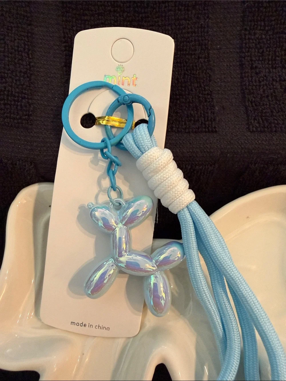 Mint Iridescent Balloon Dog Keychain with Light Blue Tassel